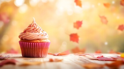 Wall Mural - Pink Cupcake With Fall Leaves on Wooden Table