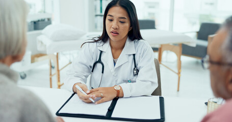 Poster - Woman, doctor and writing with elderly couple for checkup, prescription or consultation at hospital. Female person, surgeon or medical employee taking notes with senior clients for health insurance