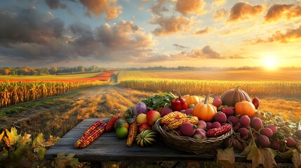 Wall Mural - Autumn Harvest  Pumpkins  Corn  and Vegetables on Wooden Table with Sunset Landscape