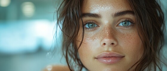 Wall Mural - Close-up Portrait of a Young Woman with Freckles and Wet Hair