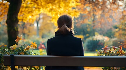 Wall Mural - Woman Sitting On Bench Back View Autumn Park