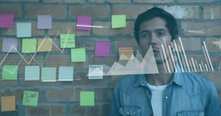 Poster - Animation of financial data processing over biracial businessman in office