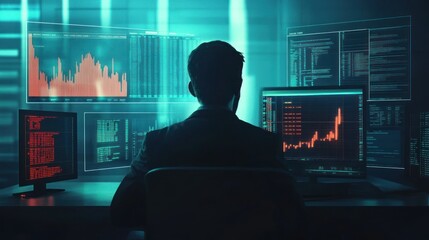 Poster - Man Working in a Dark Room with Multiple Computer Screens Showing Data and Charts