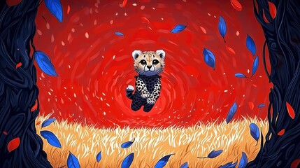 Wall Mural - Cheetah Cub in a Whirlwind of Red and Blue