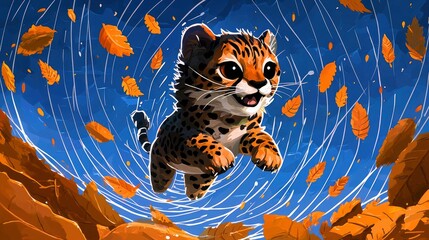 Wall Mural - Cute Leopard Cub Caught in a Whirlwind of Autumn Leaves