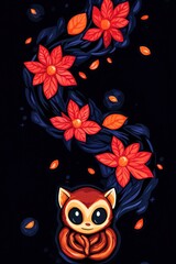 Wall Mural - Cute Cartoon Animal Surrounded by Flowers and Leaves