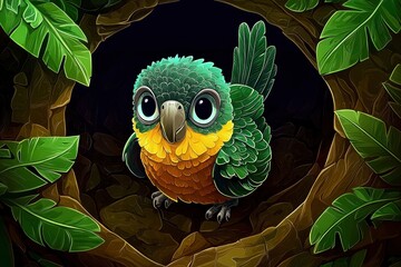 Poster - Cute Cartoon Parrot in Tree Hollow