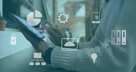 Poster - Animation of financial data processing over caucasian businessman using tablet in office