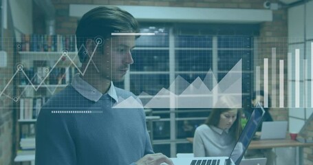 Poster - Animation of financial data processing over caucasian businessman using tablet in office
