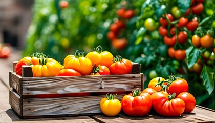 Wall Mural - Vibrant display of fresh tomatoes and yellow bell peppers in rustic wooden crates at a bustling farmers market, celebrating healthy organic food and agricultural richness