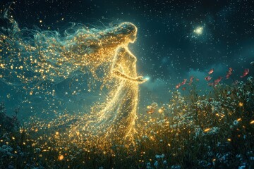 Wall Mural - Ethereal spirit figure floating in mystical underwater scene with glowing lights and colorful fish