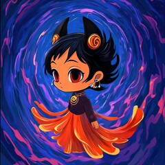 Canvas Print - Cute Cartoon Girl with Black Hair and Orange Dress in a Swirling Blue Background