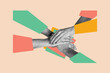 © deagreez - Creative collage picture human hands teamwork cooperation unity support each other friendship put hands body fragment drawing background