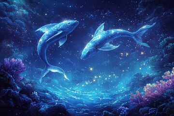 Wall Mural - Ethereal underwater scene with glowing dolphins swimming in enchanted ocean