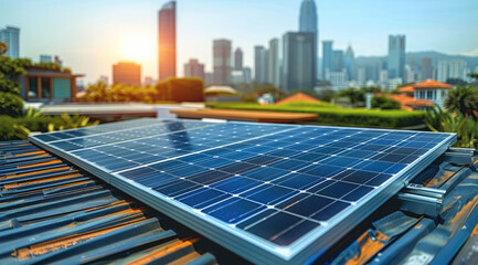 Aufkleber - Close-up of solar panels on the roof of an urban home, with a city skyline in the background. Generative AI.