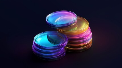 Canvas Print - Colorful translucent disks stacked creatively on a dark background highlighting their vibrant hues and reflections in artistic arrangement