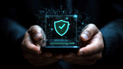Poster - A person is holding a cell phone with a green shield on it. The shield is a symbol of protection and security
