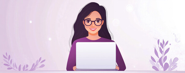 A woman is sitting at a desk with a laptop in front of her. She is smiling and she is enjoying her work. Concept of productivity and positivity