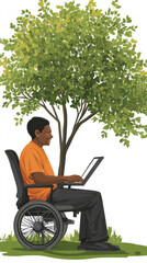 Poster - A man in a wheelchair is sitting under a tree and using a laptop. Concept of relaxation and leisure, as the man is enjoying his time outdoors while working on his laptop
