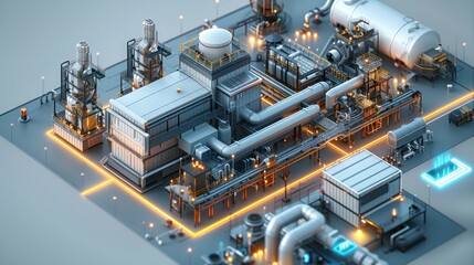 Aufkleber - A production lines in the production workshop, equipment production lines, etc., and the production line is in a house. surrounded by other elements. city buildings, isometric, 3D rendering.