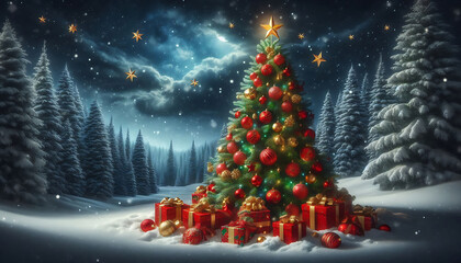 Wall Mural - A beautifully decorated christmas tree adorned with red and gold ornaments and topped with a bright star stands in a snowy landscape