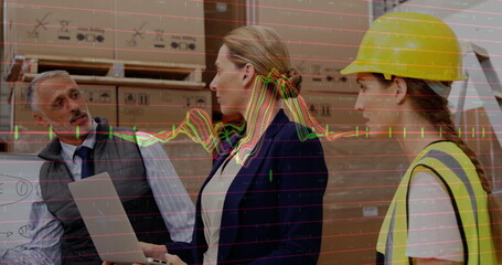Poster - image of financial data processing and diverse workers in warehouse