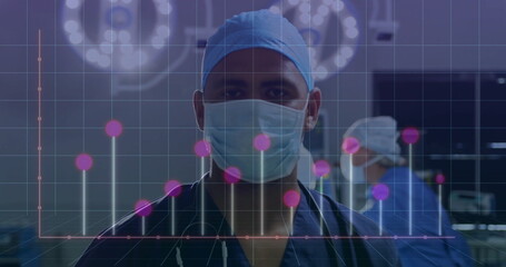 Wall Mural - Image of statistics and data processing over caucasian male surgeon