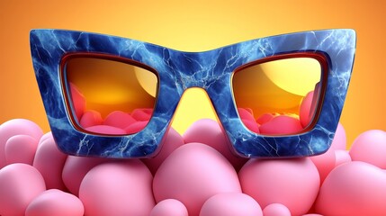 Vibrant sunglasses resting on soft pink spheres against a warm orange background, perfect for fashion and summer themes.