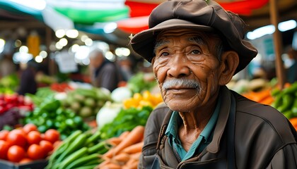 Senior farmer showcasing pumpkins at vibrant market, celebrating agriculture and healthy organic food for banner and poster design