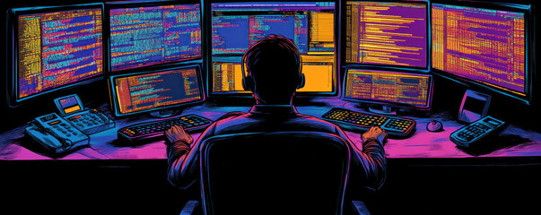 Poster - A man is sitting in front of a computer monitor with four screens. He is typing on a keyboard