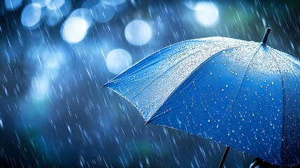 rainy day with blue umbrella and bokeh effect, close-up with dark background