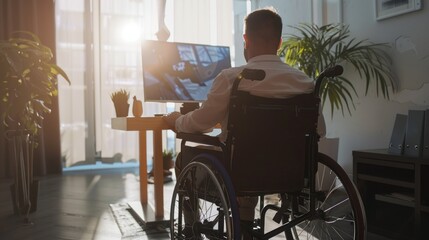 Poster - A man in a wheelchair is sitting at a desk with a computer monitor