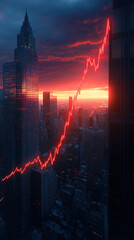 Poster - A city skyline with a red line that is going down. The skyline is lit up at night