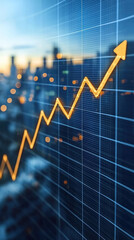 Poster - A graph with a yellow arrow pointing upwards. The graph is blue and has a city in the background