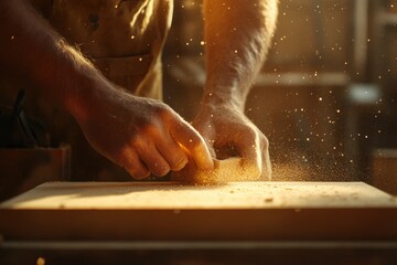 Close-up of a carpenter's hands as they sand a wooden plank, with dust particles catching the sunlight in the workshop