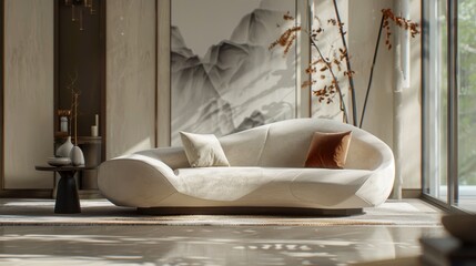 Poster - Modern, sculptural sofa, a side table, and a decorative arrangement, with a tranquil, nature-inspired backdrop