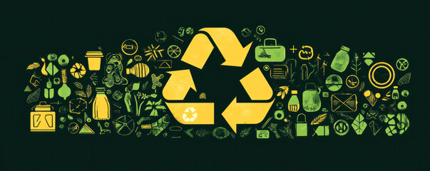 A green sign with a recycle symbol and a bunch of other symbols. The idea is to recycle and reuse items