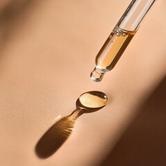 close up of pipette with pouring liquid serum and shadows on beige background. skincare