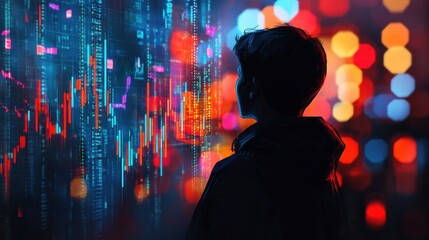 Poster - A Silhouette of a Person Observing Data on a Screen with a Bokeh Background