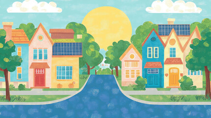 Poster - A cartoon drawing of a street with two houses on either side. The houses are painted in different colors and have a blue roof. The street is lined with trees and there is a sidewalk