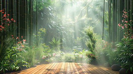 Poster - A light green curtain filled with bamboo, a wooden floor in the forest surrounded by plants and flowers, a misty atmosphere. Generative AI.