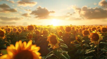 Wall Mural - A field of sunflowers with the sun shining on them