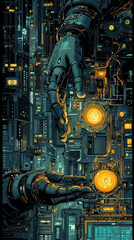 Poster - a painting of two hands reaching out to each other in a cityscape. the painting has a futuristic and