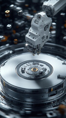 Poster - A robot is working on a large silver object. The robot is surrounded by many small objects, and the scene is very industrial and mechanical