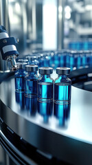 Poster - A machine is filling blue bottles with liquid. The bottles are lined up on a counter
