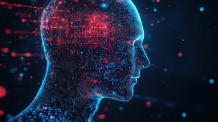 Poster - Digital Human Head Constructed from Blue and Red Particles