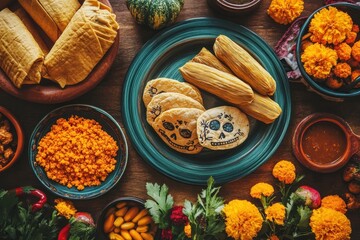 A vibrant D?a de los Muertos altar featuring traditional foods, marigolds, and decorative elements.