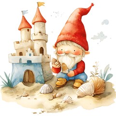 Canvas Print - Watercolor Illustration of a Gnome Sitting Beside a Sandcastle with Seashells.