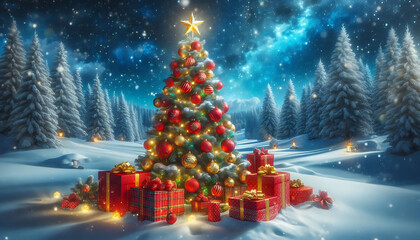 Wall Mural - A beautifully decorated christmas tree adorned with red and gold ornaments and topped with a bright star stands in a snowy landscape