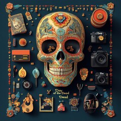 A vibrant Day of the Dead-themed arrangement featuring a decorative skull and various cultural items.